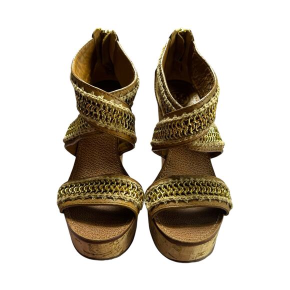 Tory Burch Lucian Tan Leather Gold Chain Strappy Wedge Sandals - Size 7 ½ - Picture 2 of 11